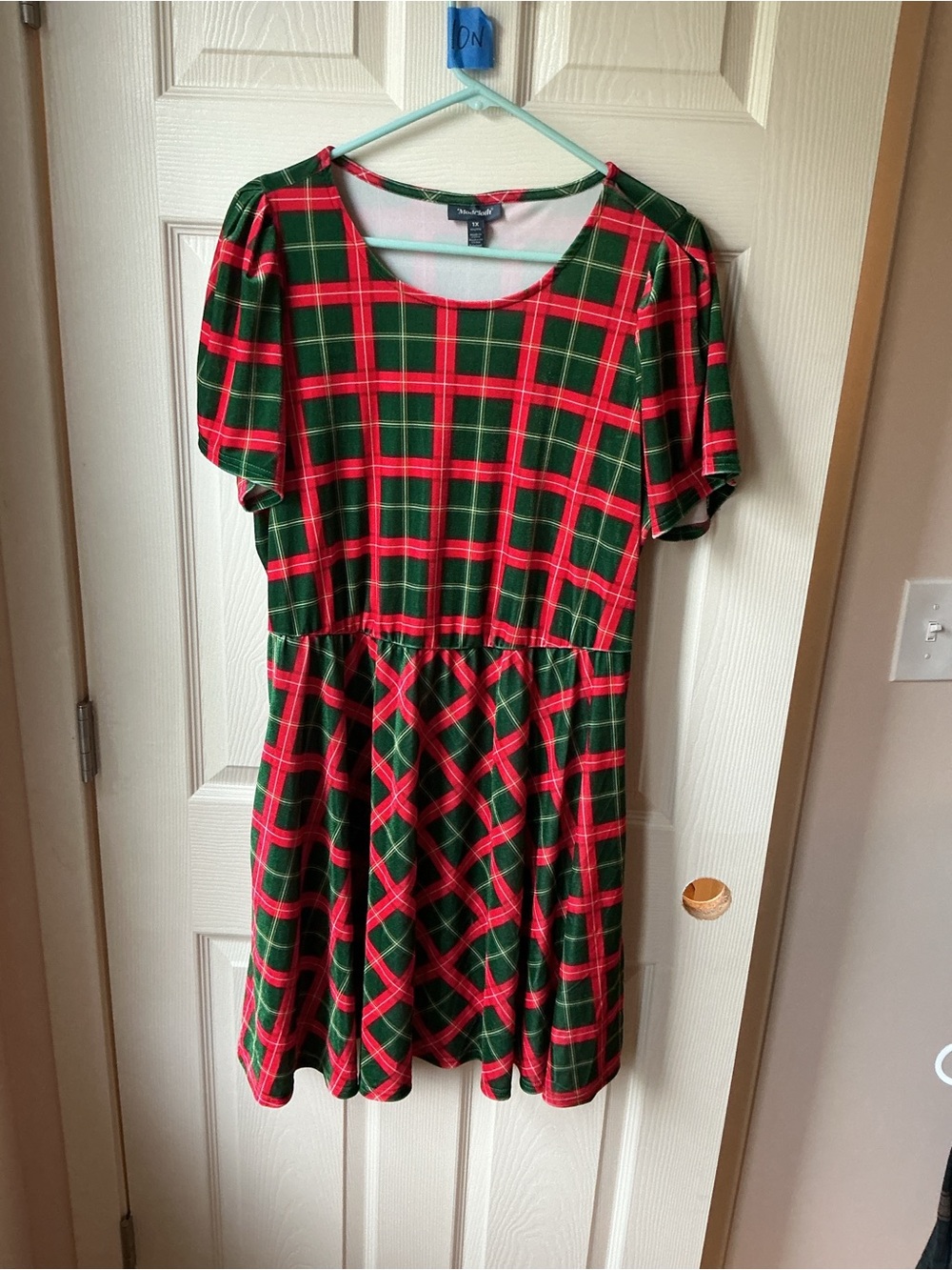 Modcloth Red and Green Plaid Short-Sleeve Twirl Dress